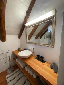 ein Bad mit einem Waschbecken und einem Spiegel in der Unterkunft Verzasca Lodge Matilde in Frasco
