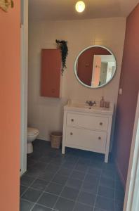 een badkamer met een wastafel, een spiegel en een toilet bij O Pressoir in Le Pellerin