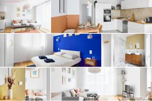 een collage van foto's van een keuken en een woonkamer bij Nouveau - Harmonia in Nantes