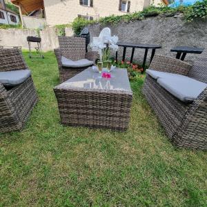 ein Picknicktisch und Stühle mit einem Tisch und Blumen in der Unterkunft Gîte BLEUET le petit LOFT, dans résidence et SPA in Ventron