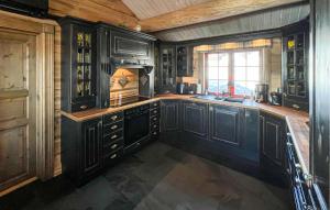 a kitchen with black cabinets and a sink and a window at Cozy Home In Trysil With Wifi in Trysil