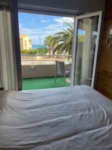 um quarto com uma cama e vista para o oceano em UN CHALET A LA MER em Saint-Cyprien