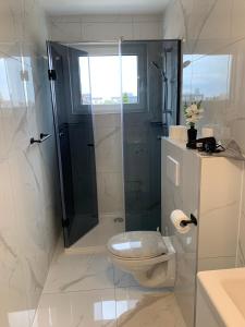 a white bathroom with a shower and a toilet at Weißes Haus in Gerasdorf bei Wien