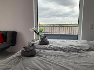 two beds in a bedroom with a large window at Weißes Haus in Gerasdorf bei Wien