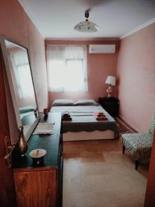 a bedroom with a bed and a mirror and a chair at kali SunnySide Up in Nea Kalikratia