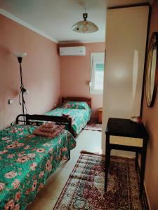 a bedroom with two beds and a table and a rug at kali SunnySide Up in Nea Kalikratia