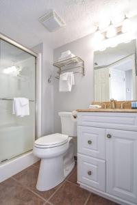 een badkamer met een toilet, een wastafel en een spiegel bij Stadium View in Auburn
