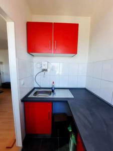 małą kuchnię z czerwonymi szafkami i zlewem w obiekcie City-Wohnung mit Ausblick w mieście Bochum