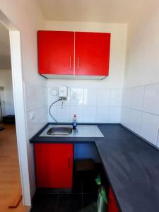 a small kitchen with red cabinets and a sink at City-Wohnung mit Ausblick in Bochum +10 photos