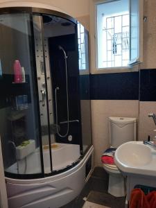 La salle de bains est pourvue d'une douche, de toilettes et d'un lavabo. dans l'établissement appartement cosy et chaleureux, à Rabat