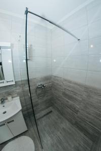 ein Bad mit einer Dusche und einem Waschbecken in der Unterkunft Vojvodjanska zora in Sombor