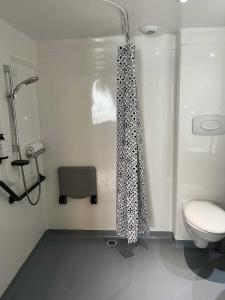 a bathroom with a shower curtain and a toilet at Hotel Best Western La Mare Ô Poissons in Ouistreham