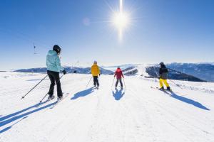 eine Gruppe von Menschen fährt einen schneebedeckten Hang hinunter in der Unterkunft Deluxe Panorama Apartment-Maibrunn-Alm in Bad Kleinkirchheim