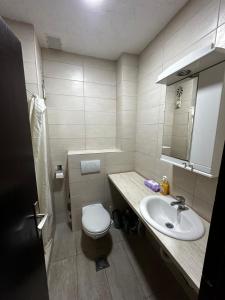 a small bathroom with a sink and a toilet at City apartment with the sea view in Bar