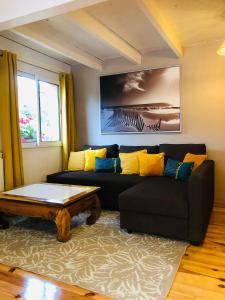 uma sala de estar com um sofá e uma mesa de centro em les crins de la renardière em Villeveyrac