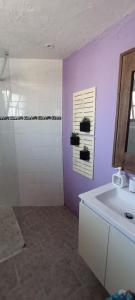 Baño púrpura con lavabo y espejo en Le Refuge du Fou en La Forêt-sur-Sèvre