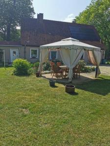 - une table et des chaises sous un parasol dans la cour dans l'établissement Ferienwohnung "Am Stadtrand", à Garz