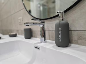 a bottle of soap is sitting on a bathroom sink at Stylish Apartment Norcia in Norcia