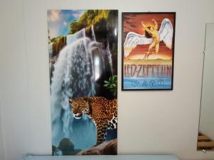 a poster of a leopard next to a waterfall at Hostel Raizer in Campo Grande