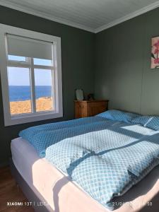 a bedroom with a bed with a view of the beach at Happy-Cove Guesthouse - by the sea in Bakkafjörður