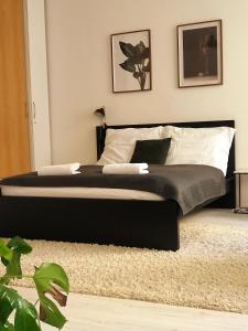 a bedroom with a black bed with white pillows at CozyHome Signature Palisady Apartment in Bratislava