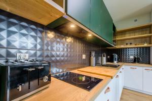 a kitchen with a stove and a counter top at Apartament Izerka z Sauną in Świeradów-Zdrój