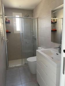 a bathroom with a shower and a toilet and a sink at Casa Cal Gansoleta in La Coma i la Pedra +32 photos