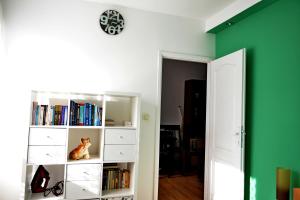 Habitación verde con estantería con libros en Three Aces Apartment, en Zemun