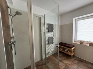 y baño con ducha y puerta de cristal. en Ferienhaus Sachsenblick, en Sassnitz