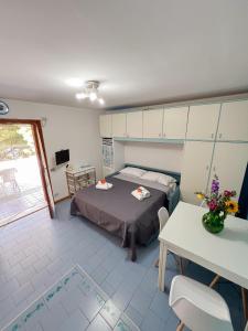 1 dormitorio con cama, escritorio y mesa en Elios Home Bellavista - Taormina Letojanni, en Letojanni