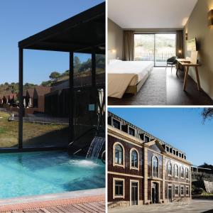 a collage of pictures of a hotel with a bed and a pool at Longroiva Hotel Rural in Longroiva