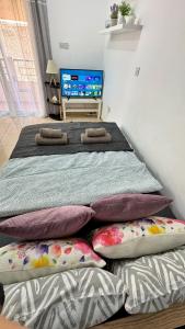 Cette chambre comprend un lit avec des oreillers et une télévision. dans l'établissement PMP Adamia Apartments, à Peyia