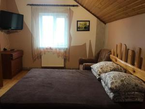 a bedroom with a bed and a television and a window at Milana Guesthouse in Slavske