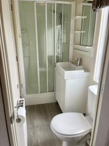a bathroom with a shower and a toilet and a sink at 3 Bedroom Self Catering Static Caravan in Steps