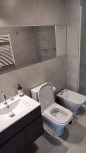 y baño con aseo blanco y lavamanos. en Depto moderno con estacionamiento/ AlquilaMiCasa en San Martín de los Andes