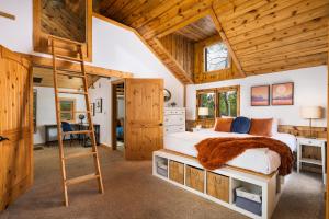 a bedroom with a loft bed and a ladder at Evergreen Castle - SLEEPS 8 - Close to skiing in Evergreen