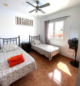 1 dormitorio con 2 camas y ventana en Villa Azure, en Caleta de Fuste