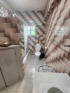 a bathroom with a toilet and a sink at Casa Seabreeze in Corozal