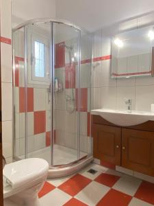 uma casa de banho com um chuveiro, um WC e um lavatório. em Elli Cozy House em Corfu Town