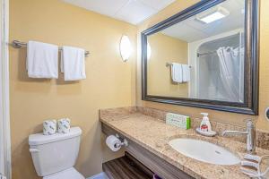 Un baño con lavabo, inodoro y espejo. en Great 1st floor unit that looks right out onto the beach with direct access, en Myrtle Beach 8 fotos más
