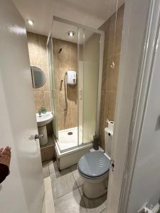 uma casa de banho com um WC, um chuveiro e um lavatório. em Quirky Oasis Queens em Liverpool
