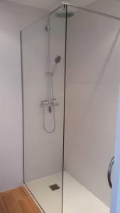 a shower with a glass door in a bathroom at Pis Embaixador 1a línea de mar in Platja  d'Aro