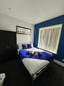 Un dormitorio con una cama con paredes azules y una ventana en Quirky Oasis Queens, en Liverpool