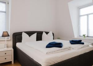 a bedroom with a bed with two blue pillows on it at Apartmenthaus Sternstraße in Dresden