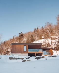 a house in the snow with trees at Lakeview Mid Century Luxury Cottage in Sainte-Adèle