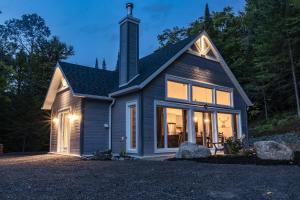 a gray house with windows and a roof at Le Mésangeai in Lac-Superieur +25 photos