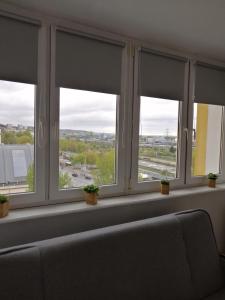 a window sill with three windows with plants on them at Wygodny i Funkcjonalny in Gdynia
