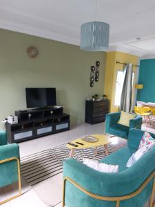 克里比的住宿－Residence djob，客厅配有蓝色椅子和电视