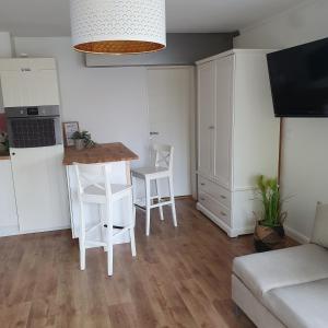 a kitchen with a table and chairs in a living room at Ferienwohnung an der Trave in Bad Segeberg