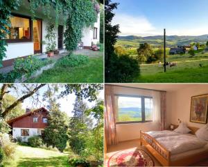 a collage of three pictures of a house and a bedroom at Ferienwohnung Rhönpanorama in Gersfeld